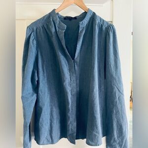 Women's Blue Cotton Button-Front Blouse